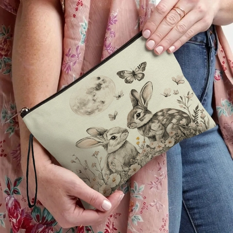 Bolsa De Maquillaje Estampado Conejo De Pascua Lino Estuche Con Cremallera Neceser Con Correa De Muñeca Vintage Organizador Mujeres