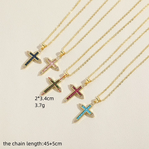Collana con Pendente a Croce in Zirconia Colorata in Rame Placcato Oro 14K Gioielli Vintage con Ciondolo Religioso da Donna