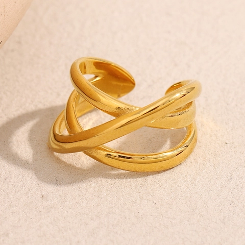 Intertwined Cross Line Open Ring 18K Gold Plated Stainless Steel Adjustable Minimalist Geometric Jewelry For Women