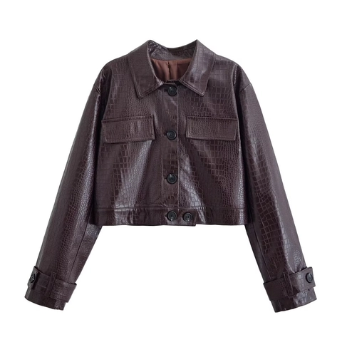 Veste Et Pantalon Pour Femmes En Similicuir À Relief Crocodile Tenues Streetwear Style Vintage Manteau Court