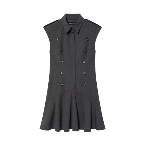 Vrouwen Mouwloos Militaire Stijl Dubbele Rij Knopen Mini Jurk Met Roffel Zoom Epaulet Revers Korte Vest Jurk Lente