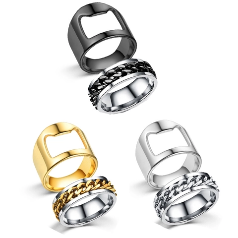 Stainless Steel Bottle Opener Ring For Men Spinner Chain Ring Punk Style Functional Finger Rings Set Party Jewelry Accessories