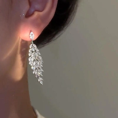 Boucles D Oreilles À Franges Feuille Épi De Blé Avec Zircon Base En Cuivre Et Tige En Argent Longues Élégantes
