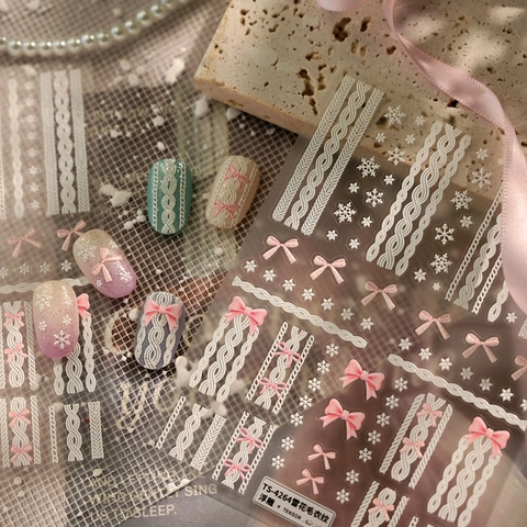 Stickers Nail Art 5D Gaufrés Texture Pull Hiver Flocon De Neige Noeud Rose Autocollants Décor Manucure DIY
