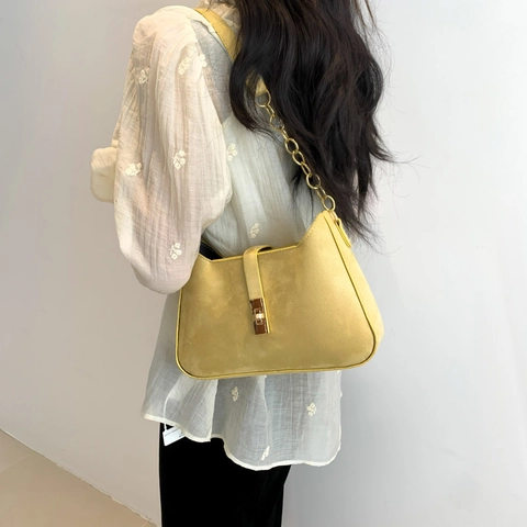 Retro Suede Shoulder Underarm Bag For Women With Metal Chain Gold Lock Solid Color Fashion Baguette Style Bag