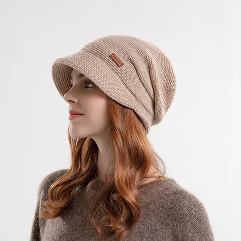 Women Winter Slouchy Beanie Hat With Visor Fleece Lined Thick Warm Knit Acrylic Skull Cap Fashion Solid Color Outdoor Headwear