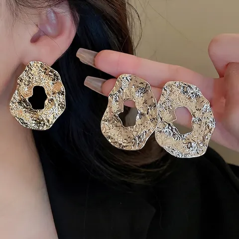 Irreguläre Geometrische Hammerschlag Ohrringe Legierung Hohl Vintage Damen Mit 925 Sterling Silber Ohrstecker