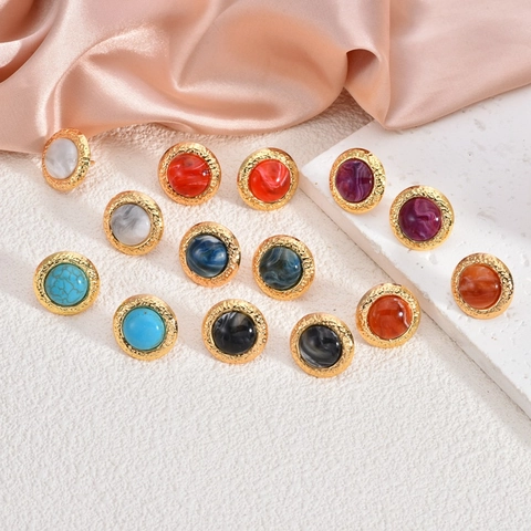 Round Stud Earrings Stainless Steel 18K Gold Plated Faux Stone Resin Inlay French Retro Vintage Style Women