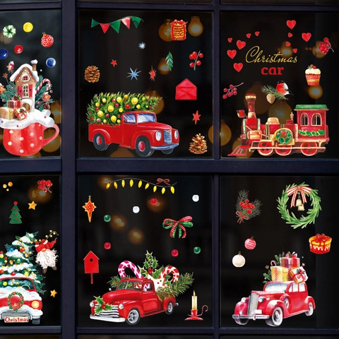 Christmas Window Clings PVC Static Reusable Stickers For Glass Door Holiday Home Decor Santa Red Truck Snowflake