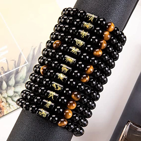 Zodiac Constellation Bracelet Tiger Eye Stone Black Beads Adjustable Woven Rope Charm Jewelry For Men Women