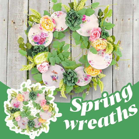 Künstlicher Rosenkranz Natürliche Rebenbasis Rosa Gelbe Florale Druckscheiben Frühling Haustür Wanddekoration