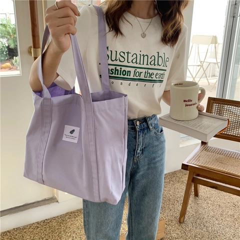 Women Canvas Tote Bag Large Capacity Solid Color Magnetic Buckle Shoulder Handbag Daily Casual Japanese Style Simple