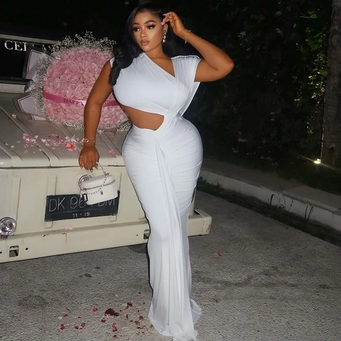 Vestito Maxi Monospalla Con Cutout E Ruches Senza Maniche Coda Di Pesce Sera Festa Tinta Unita Poliestere Elastan