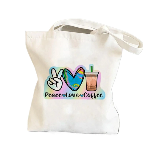 Borsa Tote in Tela di Poliestere Peace Love Coffee Stampata Vintage Grande Borsa a Spalla per la Spesa Donna Casual Quotidiana