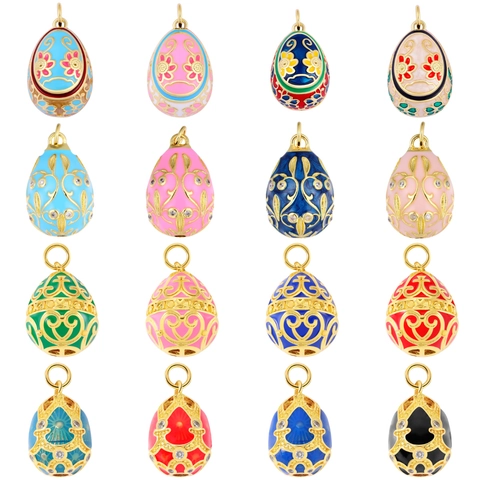 Faberge Style Copper Enamel Egg Pendant Rhinestone Inlaid Russian Easter Egg Charms For Jewelry Making DIY Necklace Accessory