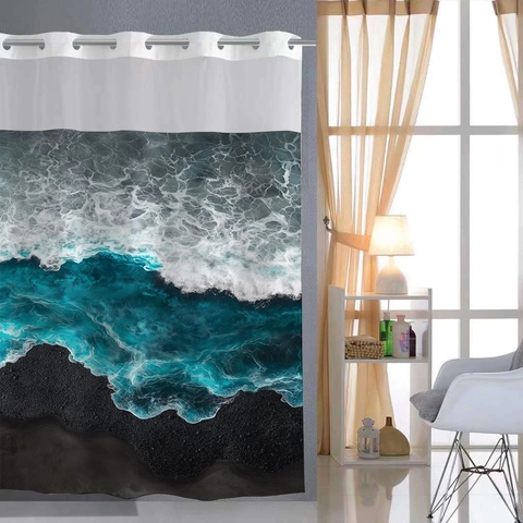 Ocean Wave Print Shower Curtain And Bath Mat Waterproof Polyester Snap-In Liner Weighted Magnet Bottom Grommet Top