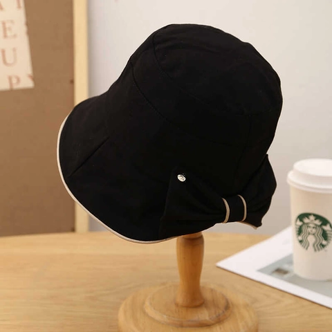 Women Retro Bucket Hat Cotton Large Bow Sunshade Sun Hat Hepburn Style Elegant Versatile For Spring Summer