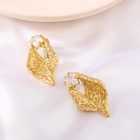 Irregular Textured Earrings 18K Gold Plated Stainless Steel With Square Zircon Vintage Geometric Jewelry For Women