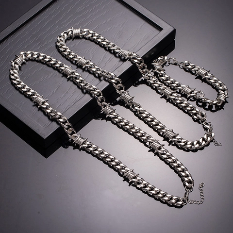 Barbed Wire Cuban Chain Necklace Alloy Thorn Hip Hop Punk Style Trendy Knotted Neck Jewelry