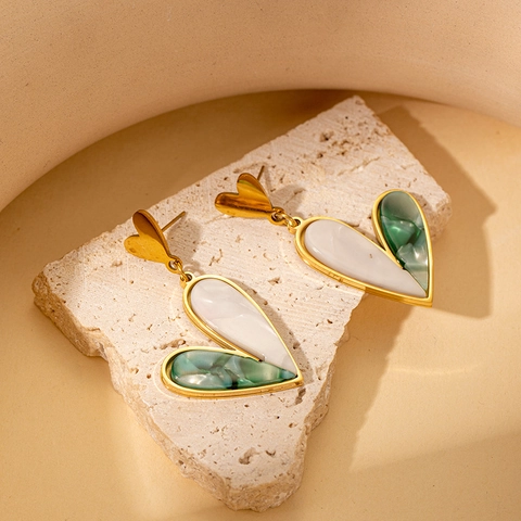 Heart Drop Earrings Titanium Steel White Green Spliced Resin Marble Texture Retro Light Luxury Style For Women