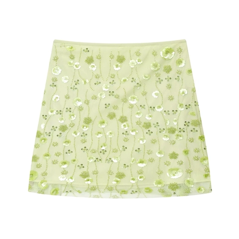 Mini-jupe Sexy en Maille pour Femmes Avec Fleurs 3D Paillettes et Broderie de Perles Vert Clair Style Socialite Jupe Courte Semi-transparente