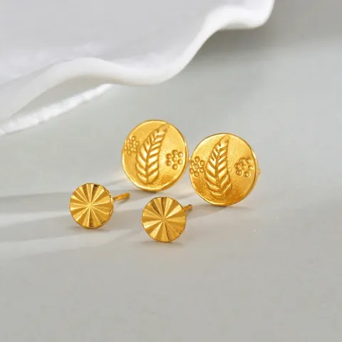 French Vintage Stainless Steel Stud Earrings For Women 14K Gold Plated Geometric Rhombus Round Sun Flower Leaf Earrings