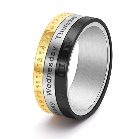 Rotatable Calendar Ring Titanium Steel Tricolor Roman Numeral Date Week Men Spinner Band Trendy Jewelry