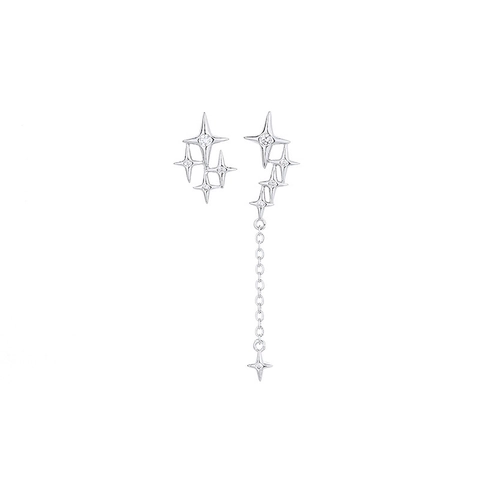 Asymmetric Four Pointed Star Tassel Drop Earrings For Women Copper Rhinestone Shiny Geometric Star Dangle Fashion Jewelry Gift