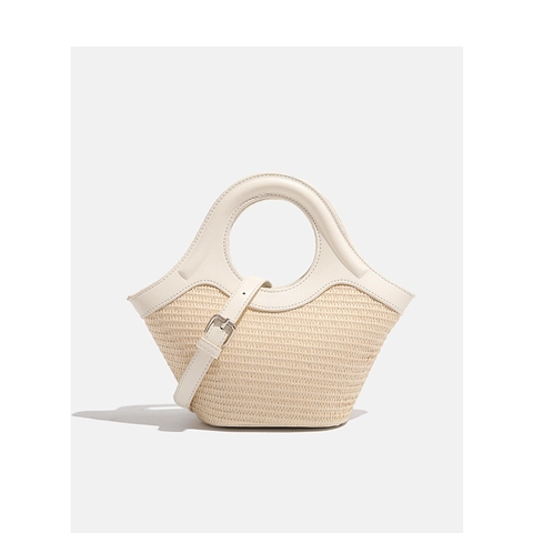 Woven Handbag Straw PU Leather Patchwork Round Handle Adjustable Strap Summer Beach Vacation Casual Chic Women