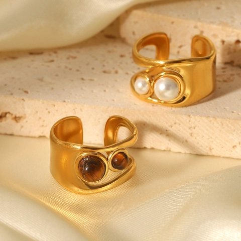 Edelstahl Offener Ring Hohl Verstellbar Tigerauge Stein Künstliche Perle Geometrisch Retro Minimalist Schmuck Damen