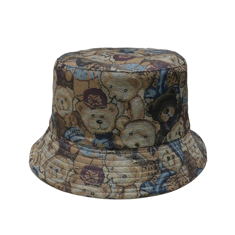 Women Bucket Hat Polyester Jacquard Cartoon Bear Pattern Vintage Cute Summer Sun Protection Travel Fisherman Cap