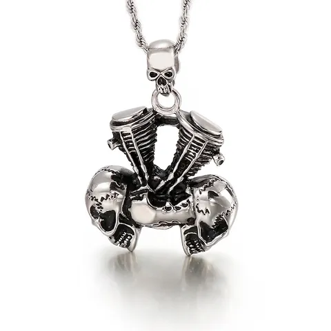 Pendentif Moteur V-Twin Crâne Acier Inoxydable 316L Biker Moto Punk Gothique Charme Bijoux Pour Hommes