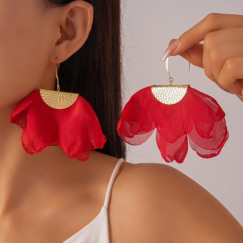 Exaggerated Oversized Chiffon Flower Petal Dangle Earrings Alloy Hammered Metal Hook Statement Jewelry For Women