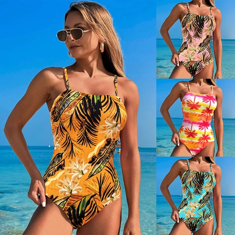Women Tropical Floral Palm Leaf Print Monokini Spaghetti Strap Slim Fit Beach Vacation Bathing Suit Backless Sexy