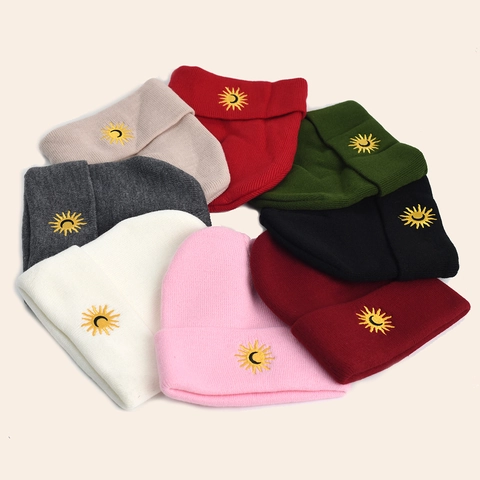 Unisex Winter Warm Strickmütze Mit Sonne Mond Stickerei Acryl Muster Slouchy Skull Cap Für Damen Herren Street Fashion