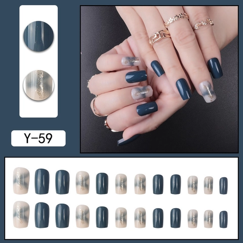 Blauw Marmeren Plaknagels Met Goudfolie Glanzend Kort Vierkant Kunstnagels