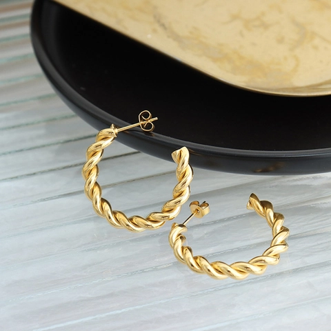 Orecchini A Cerchio Intrecciati Acciaio Al Titanio Placcato Oro 18K Spessi A Forma Di C Design Retrò Gioielli Per Donne