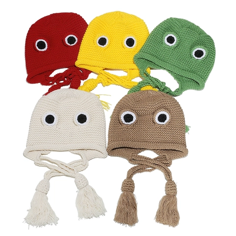 Frosch Strickmütze Süß Große Augen Acryl Warm Winddicht Ohrenklappe Beanie Mit Quasten Für Draußen Winter Herbst