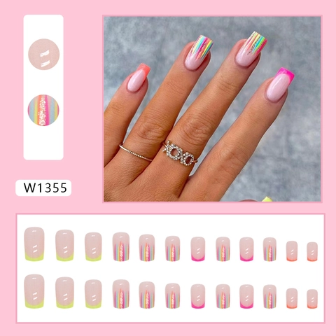 Regenbogen Streifen Französische Künstliche Nägel Bunte Neon Finger Nägel Für Frauen Süß Stilvoll Dekor Kunststoff
