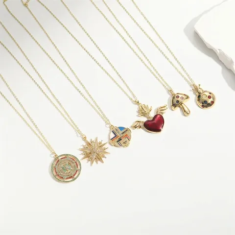 Vintage Copper Pendant Necklace With Colorful Zircon Enamel Heart Mushroom Star Pattern For Women Bohemian Style