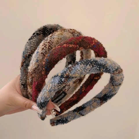Tweed Gepolstertes Stirnband Kariertes Gewebtes Haarband Handgefertigt Retro Elegantes Haarschmuck Für Frauen