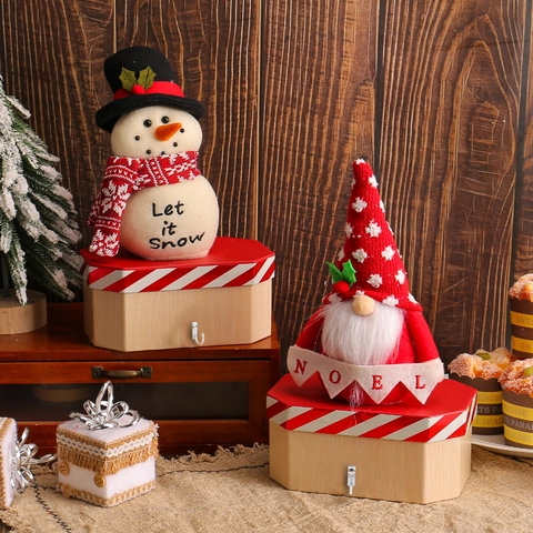 Contenitore Regalo Di Natale Base In Legno Con Ornamento Di Gnomo Pupazzo Di Neve In Peluche Organizer Per Dolci Decorazione