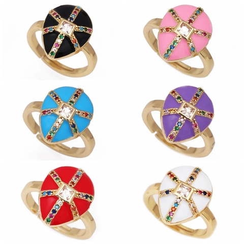 Anello Regolabile In Rame Placcato Oro Goccia D'acqua Smalto Zircone Design Stella Croce Gioielli Di Moda Per Donne