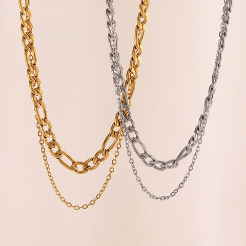 Collar De Capas Minimalista Acero Inoxidable Chapado En Oro De 18K Cadena Figaro Y Rolo Joyas Para Mujer Regalo