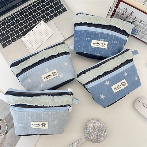 Borsa Cosmetica Patchwork in Denim Stile Coreano Con Motivi a Stella e Fiocco Astuccio Porta Trucchi Portatile Donna