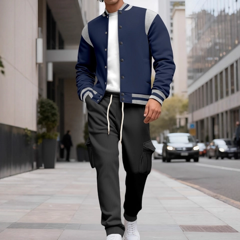 Giacca Varsity E Pantaloni Cargo Uomo Blocchi Di Colore Poliestere Elastan Maglia Sport Casual