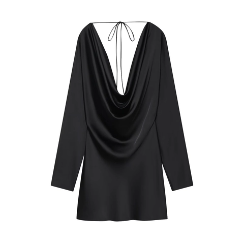 Women Satin Mini Dress Long Sleeve Cowl Neck Deep V Open Back With Tie Solid Color Elegant Party Clubwear Fashionable