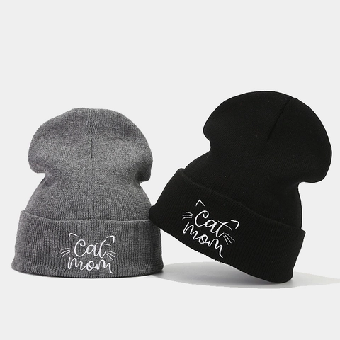 Cat Mom Embroidered Beanie Hat Women Acrylic Knitted Winter Warm Cuffed Skull Cap Slouchy Cute Pet Lover Gift