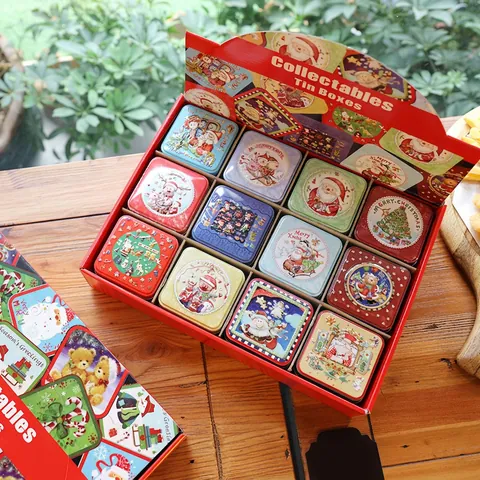 Christmas Square Tinplate Metal Gift Packaging Boxes Embossed Festive Patterns Santa Snowman Candy Storage For Holiday Party