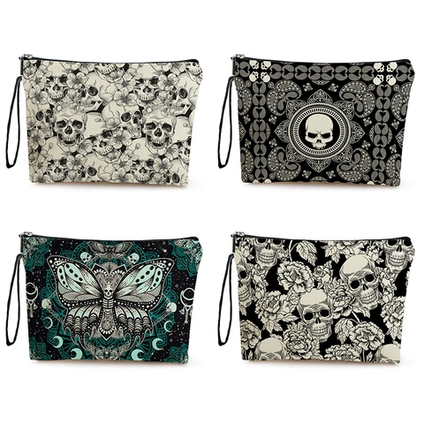 Gothic Skull Butterfly Print Makeup Bag Imitation Linen Cosmetic Pouch With Wristlet Strap Toiletry Organizer For Travel